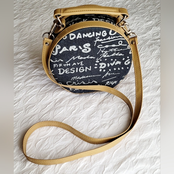 Small Canvas Circle Purse handbag Crossbody Purse With Mirror Blue Beige - Picture 2 of 9